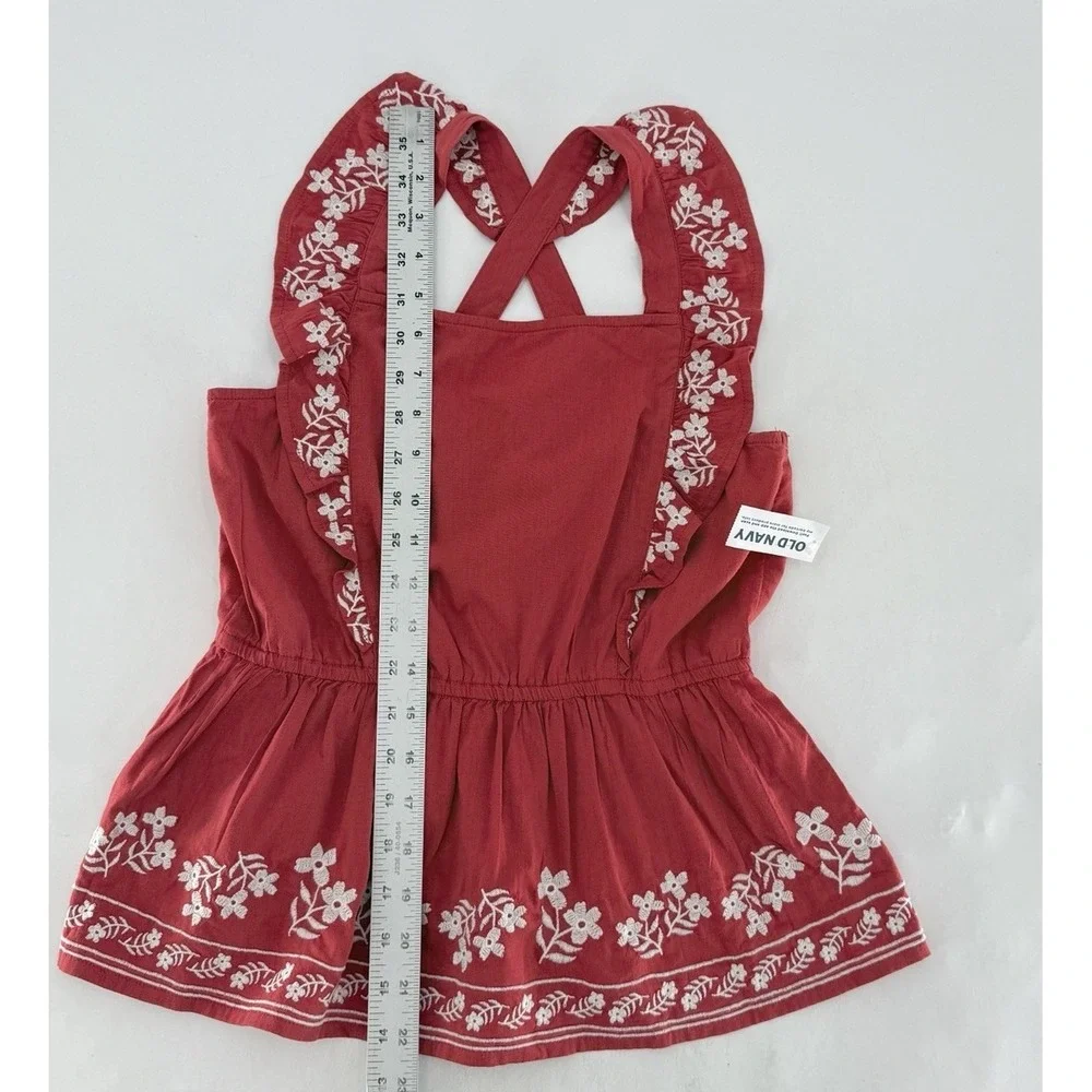 Old Navy Girls Sleeveless Red Embroidered‎ Ruffled Apron Style Top XL Cottage